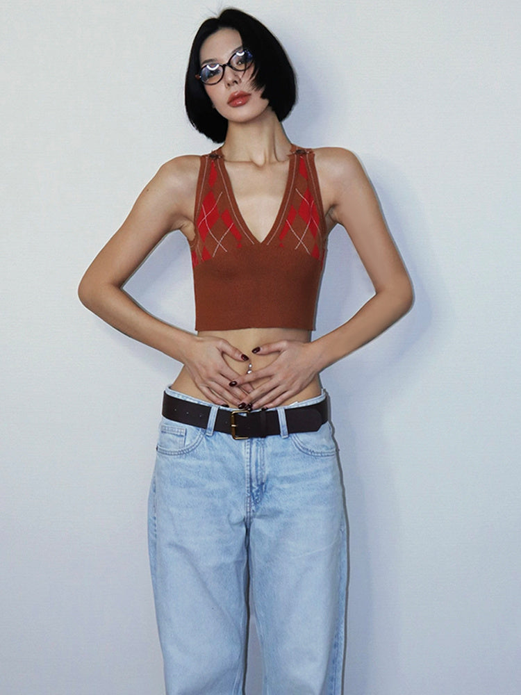 Retro Diamond Short Woolen Vest
