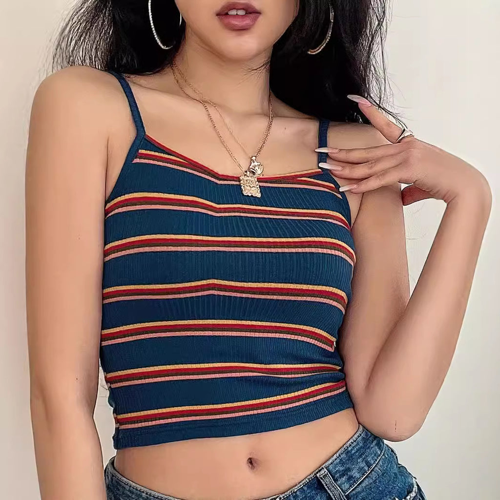 European And American Women's Clothing New Retro Contrast Color Striped Sexy Sling