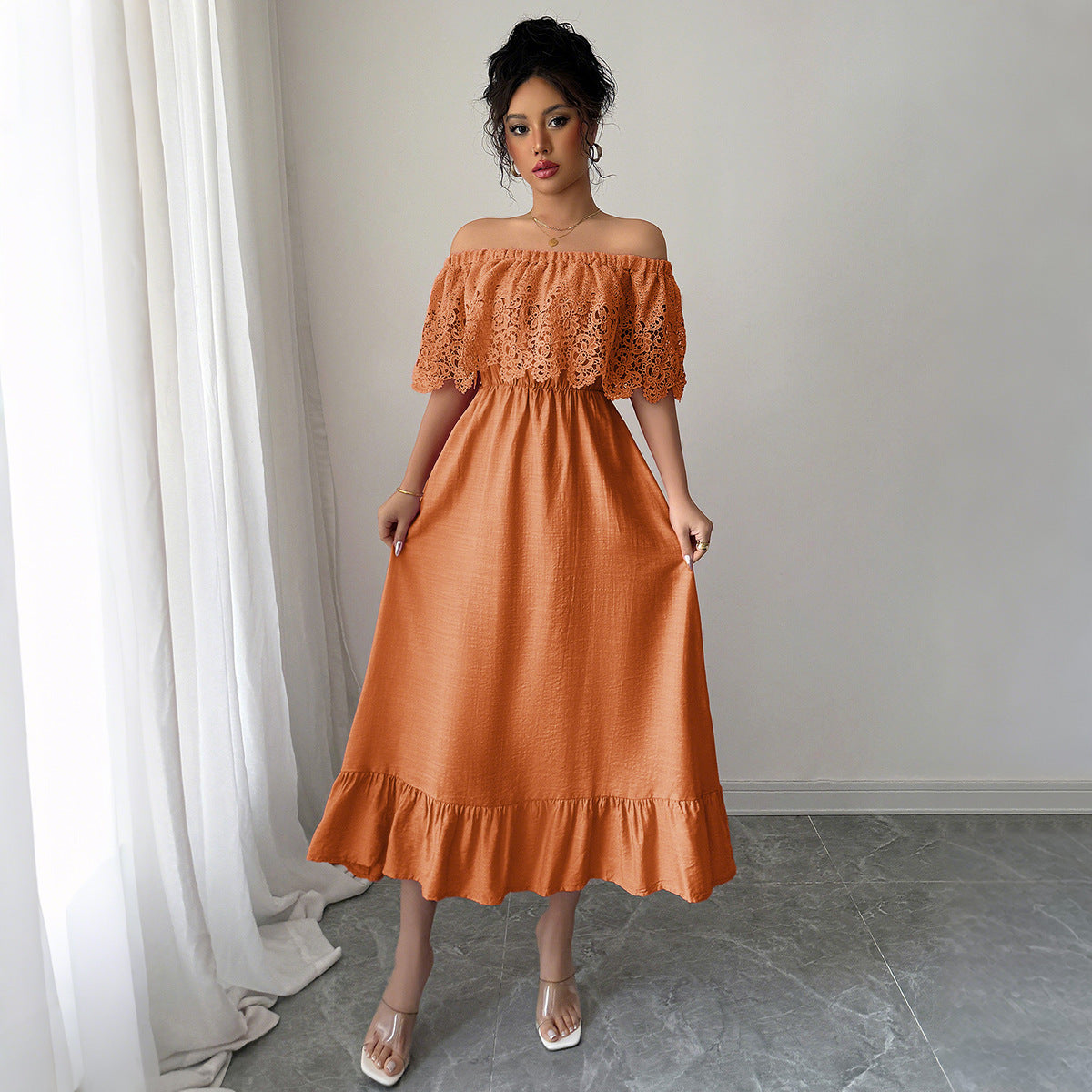 European And American Elegant Style Off-shoulder A- Line Dress