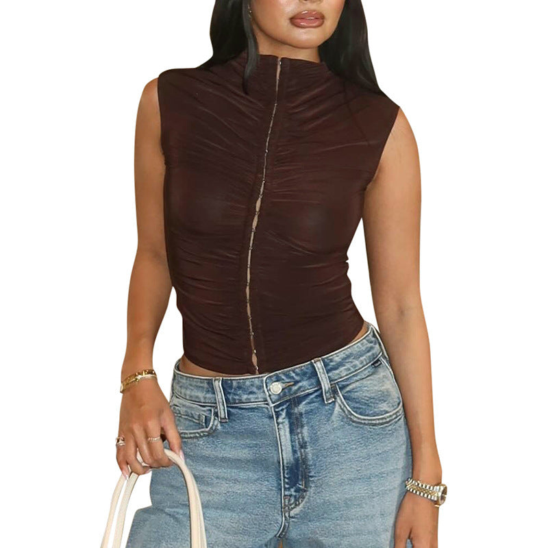 Pure Color Half Collar Breasted Pleated Slim Vest