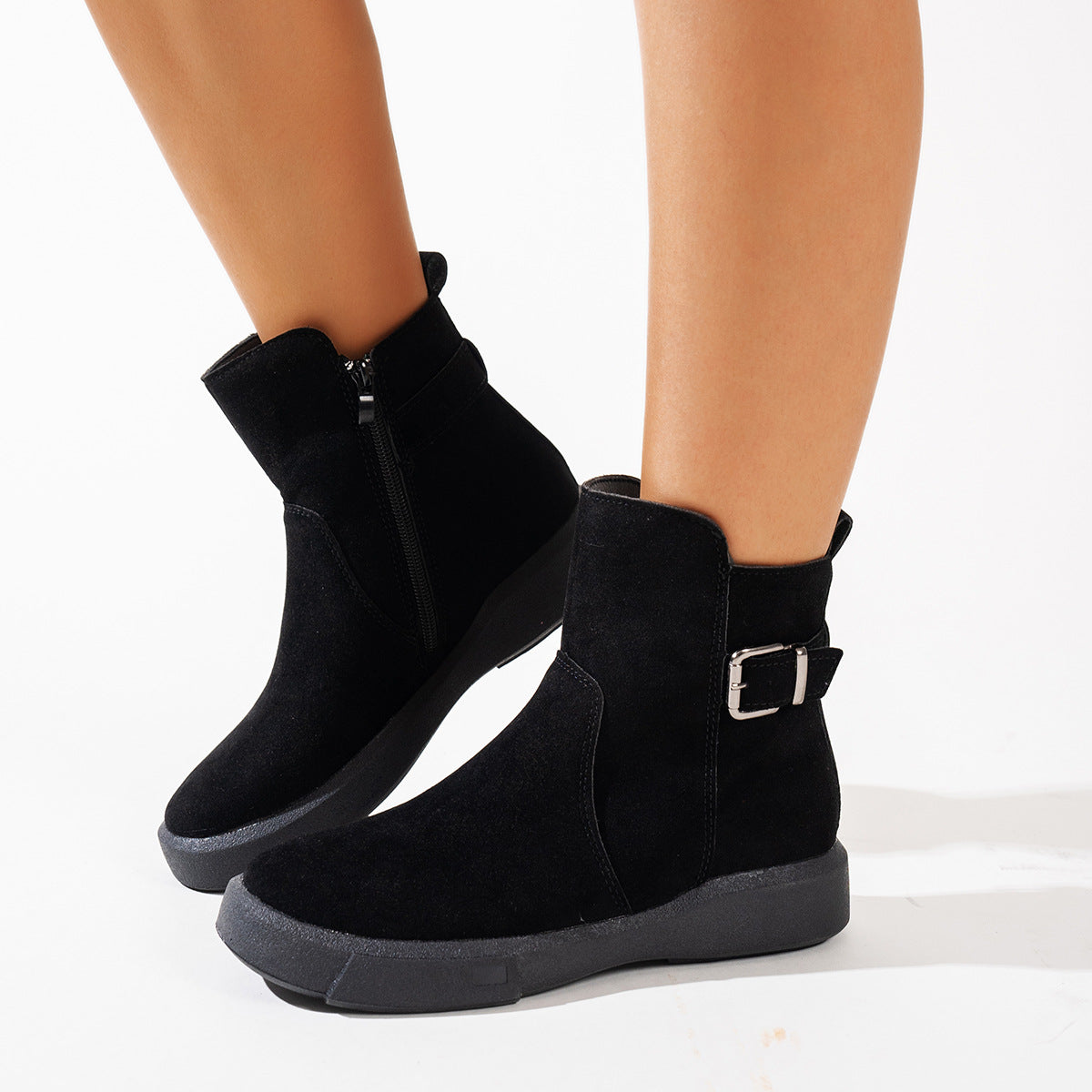 Womens Short Flat-heeled Round-toe Boots With A Side Zipper