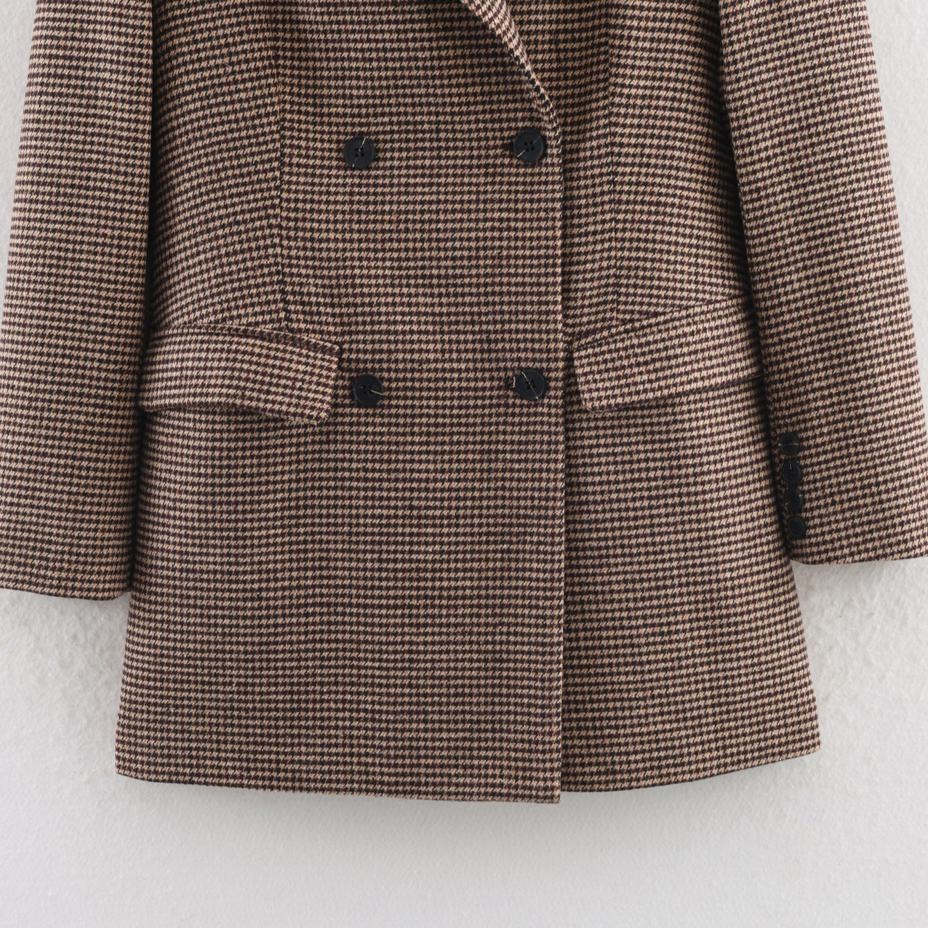 Womens Mid-Length Double-Breasted Houndstooth Blazer