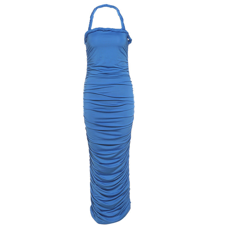 European And American Adult Lady Like Woman French Sexy Pleated Suspender Sleeveless Backless Sheath Dress