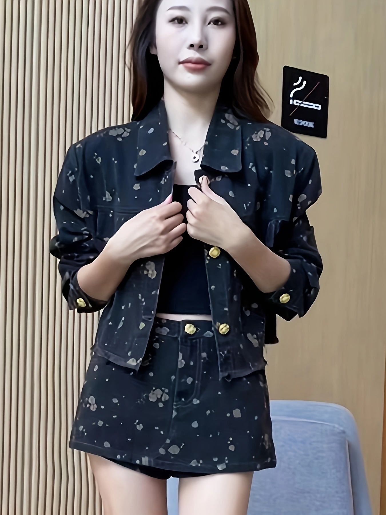 Retro Floral Print Denim Jacket For Women Autumn Design Niche Short Style Casual Jacket Set
