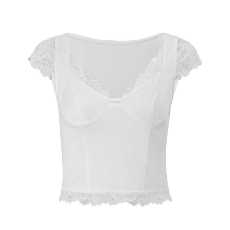 French Style V-neck Lace Pure Body All-match White Top