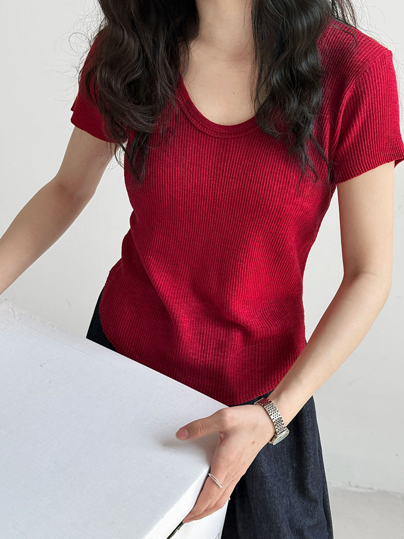 U-neck Shoulder Short Sleeved Women's Summer New Style Waist Cinching Slimming T-shirt