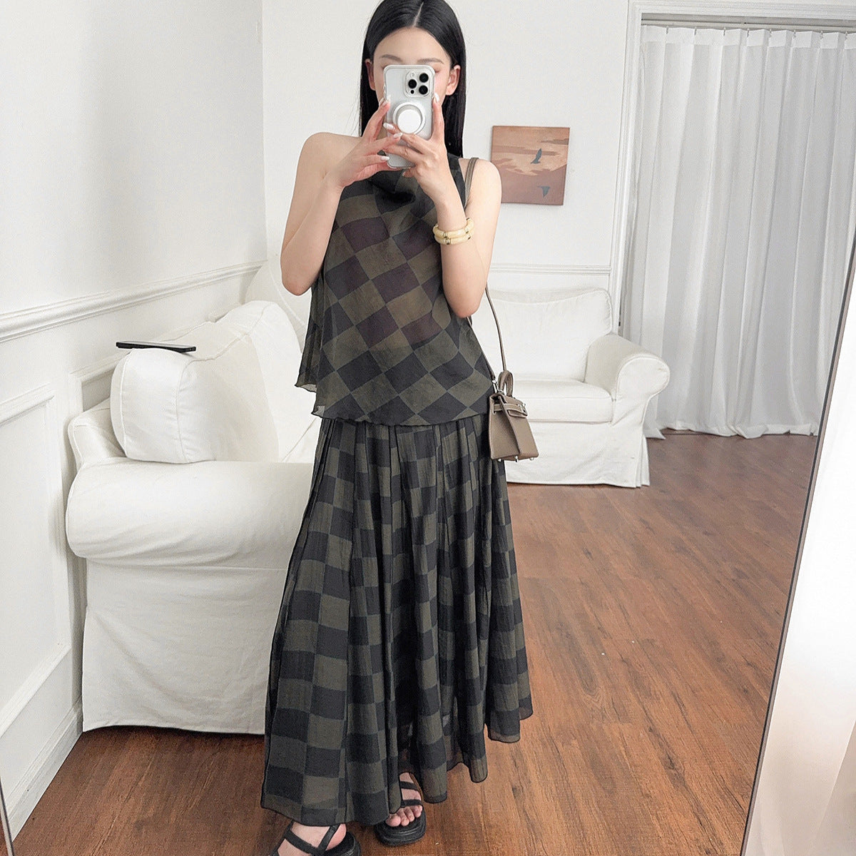 British Style Temperament Commute Style Draping Effect Plaid Sleeveless Top Rhombus Plaid Halter
