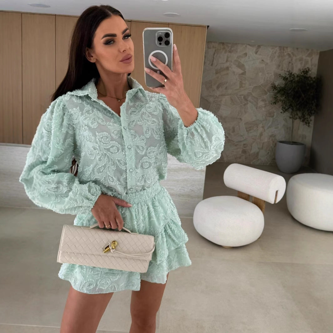 New Casual Two-piece Set Fashionable Long-sleeve Hollow-out Outfit