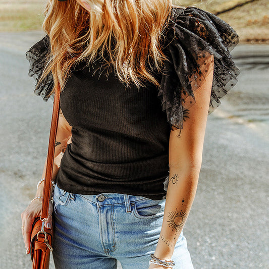 Women's Ruffle Sleeve Pullover Solid Color Short Sleeve Simple Top