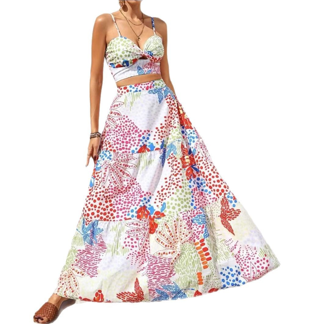 Printed Fashionable Slim-fit Suspender Skirt Suit Women