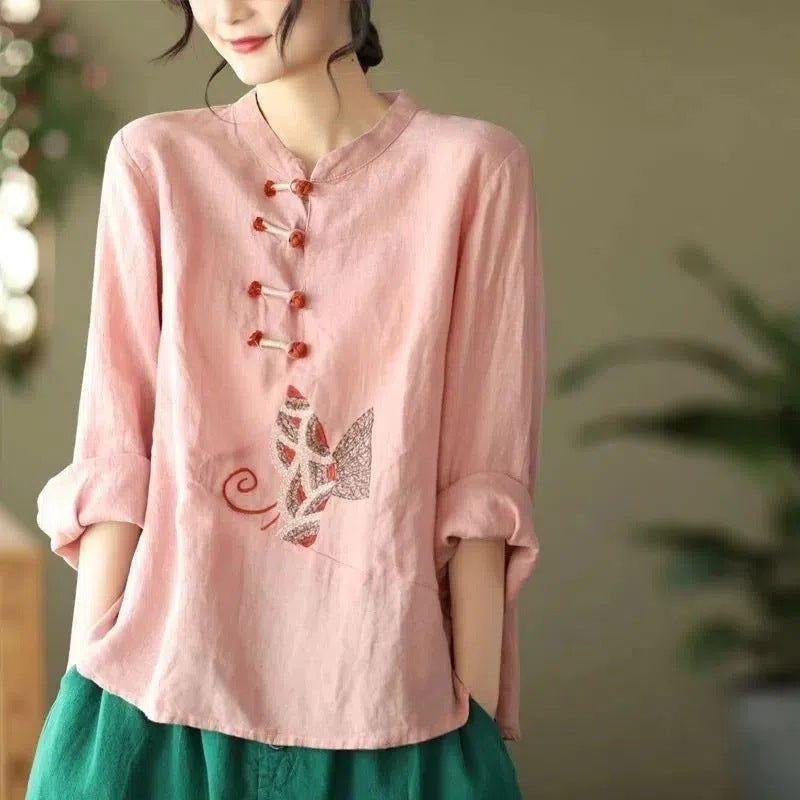 Ethnic Style Plus Size Cotton And Linen Shirt For Women