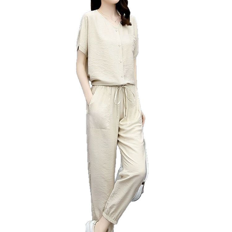 Leisure Fashionable Stylish Fashionable And Reducing Age Noble Lady Sub-cotton And Linen Two-piece Suit