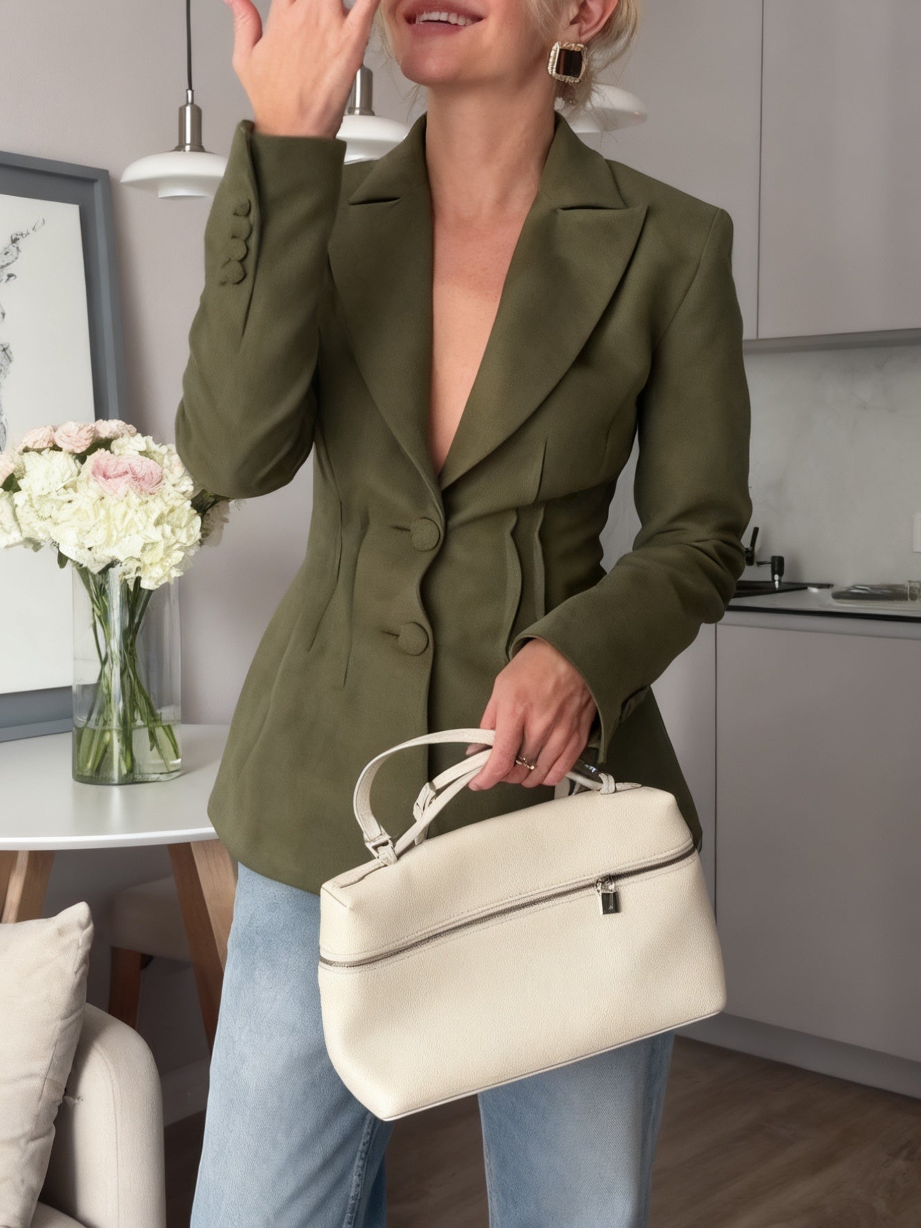 Olive Green Suede Blazer With Corset Detailing