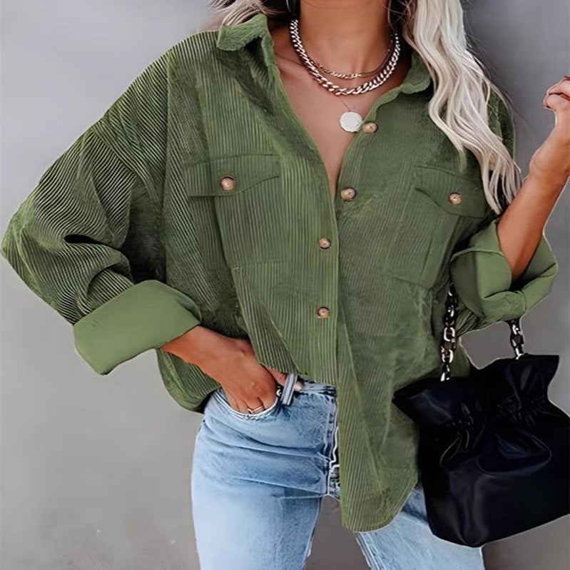 Autumn And Winter New Solid Color Button Corduroy Long Sleeve Loose Coat Women's Clothing