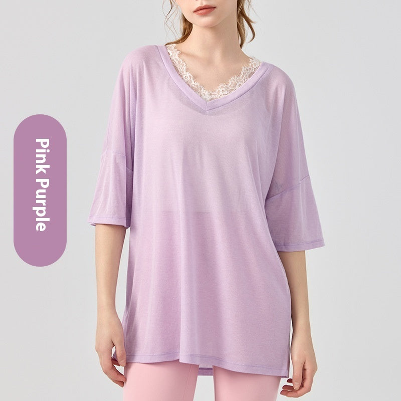 Pilates Yoga Clothes V-neck Lace Solid Color Short Sleeve Blouse