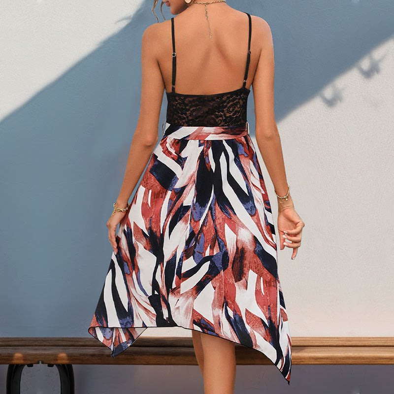 V-neck Strap Irregular Skirt Lace Dress