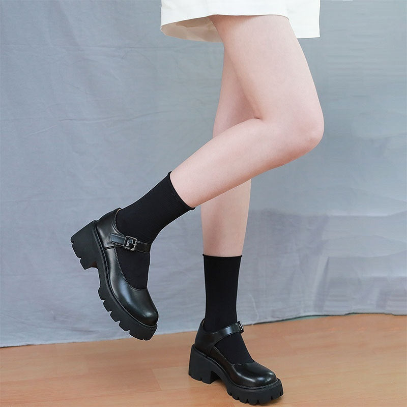 Womens Small Leather Shoes With Retro Japanese-Style Buckles