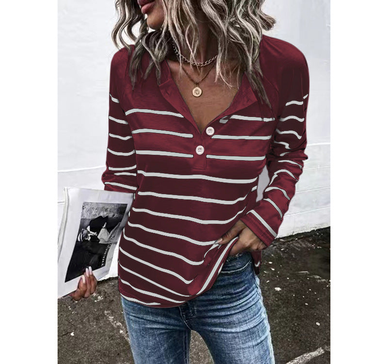 Striped Round Neck Button Casual Loose Long Sleeve