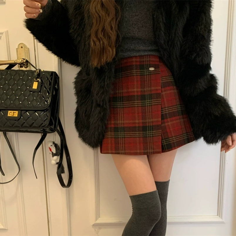 Winter Plaid Woolen Pants And Skirts To Prevent Exposure, Lazy A-line Short Skirts And Shorts