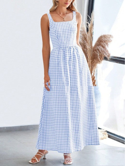 Patchwork Plaid Sling Elastic Large Swing Dress