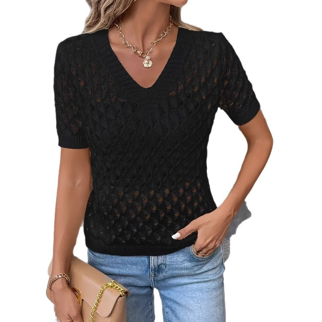 Best Selling Knitted V-neck Short-sleeved Top Hollow Out