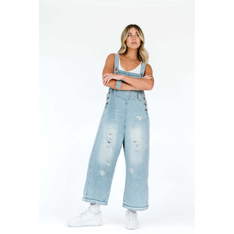 Retro Make Old Ripped Loose Wide Leg Denim Suspender Pants