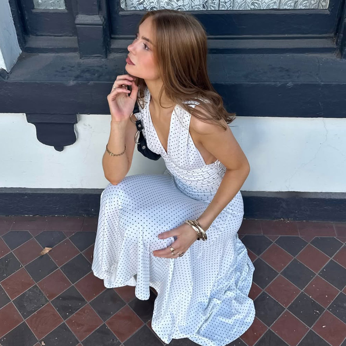 Polka Dot Dress V-neck Sleeveless Waist Women