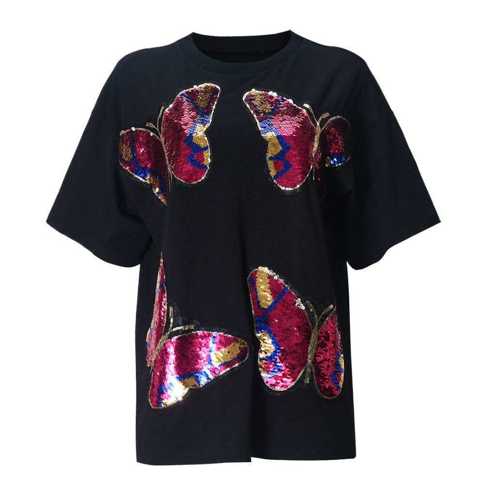 Personality Street Sequin Embroidered Crew Neck Women's Short Sleeve