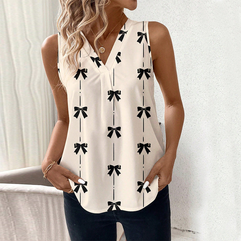 European And American Sleeveless Bow Shirt V-neck