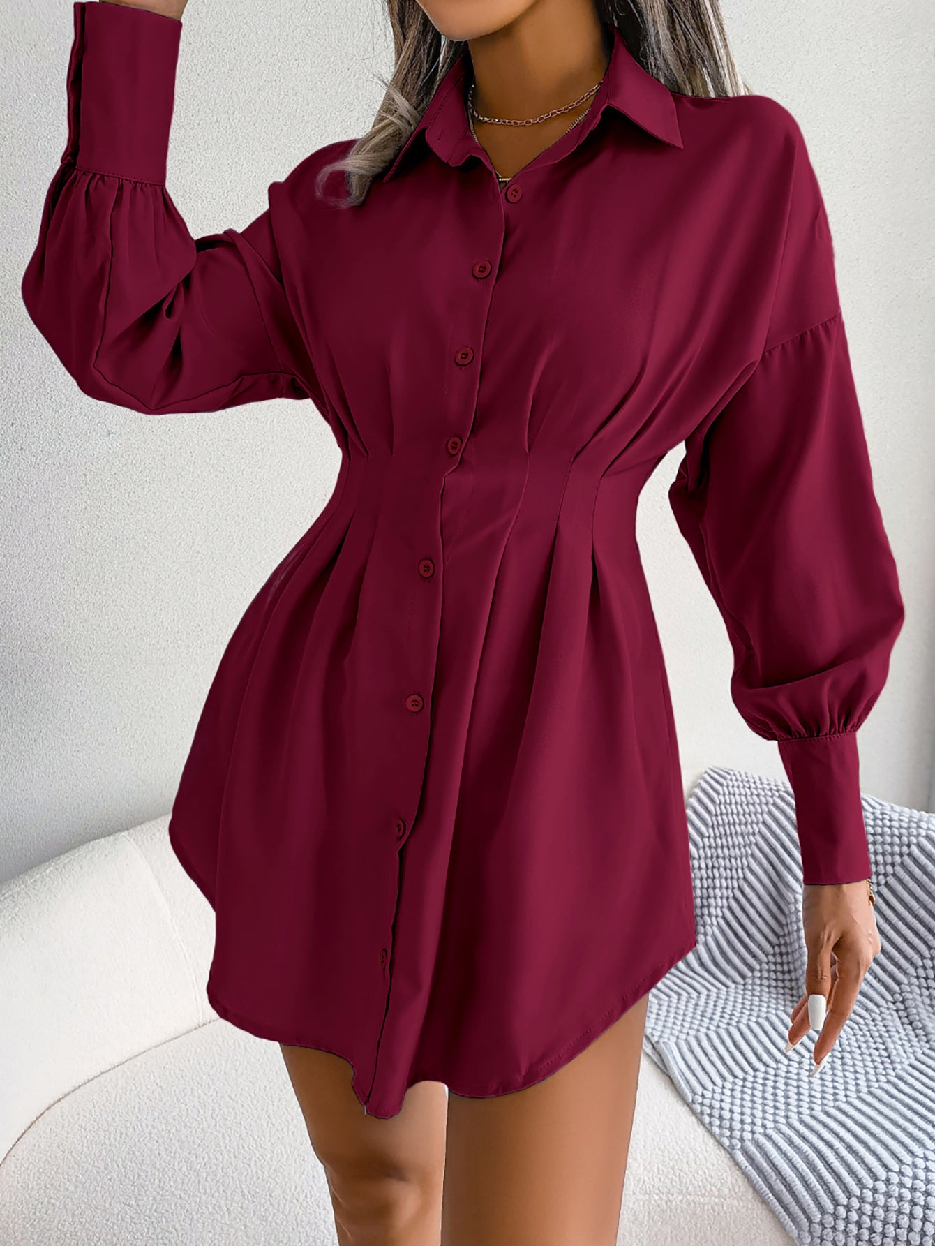 Casual Lantern Sleeve Tie Waist Asymmetric Shirt Dress