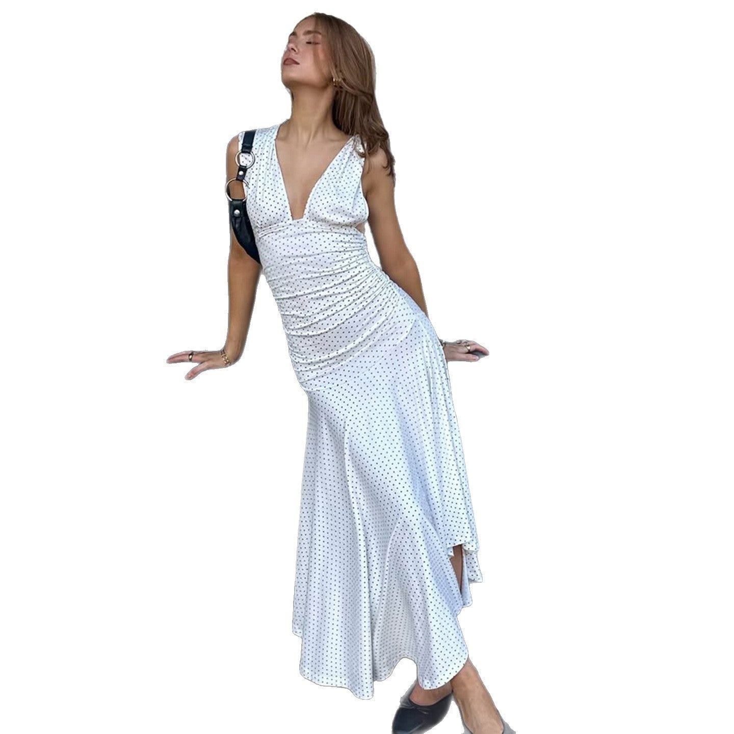 Polka Dot Dress V-neck Sleeveless Waist Women