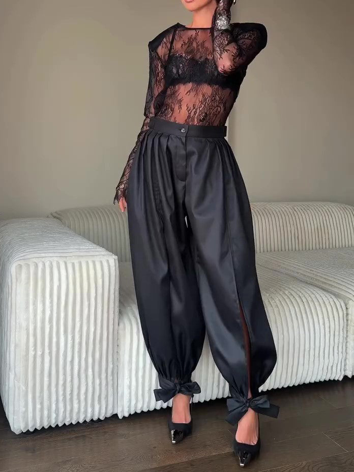 Black  Slit Bow-Tie Ankle Wide Leg Pants