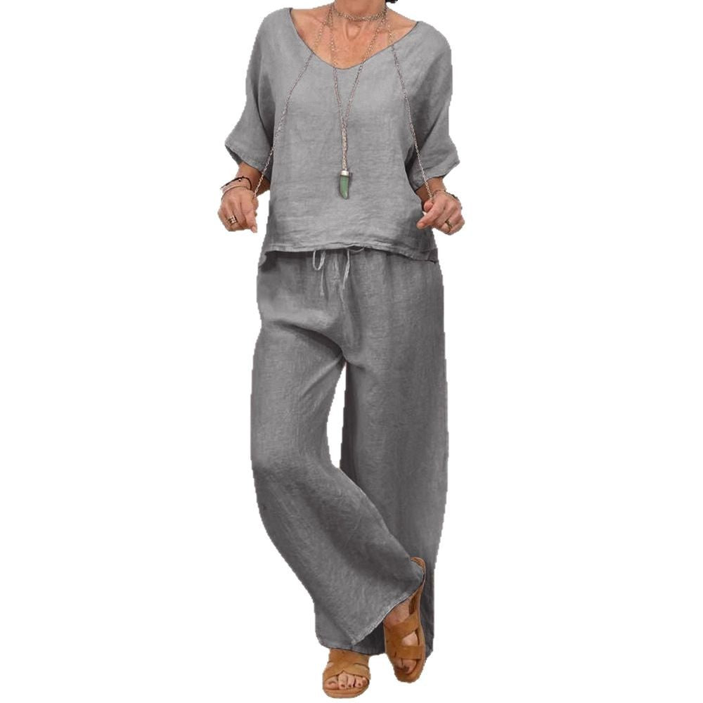 Womens Multi-Color Two-Piece Set Casual V-Neck Pullover With Three-Quarter Sleeves And Extended Pants