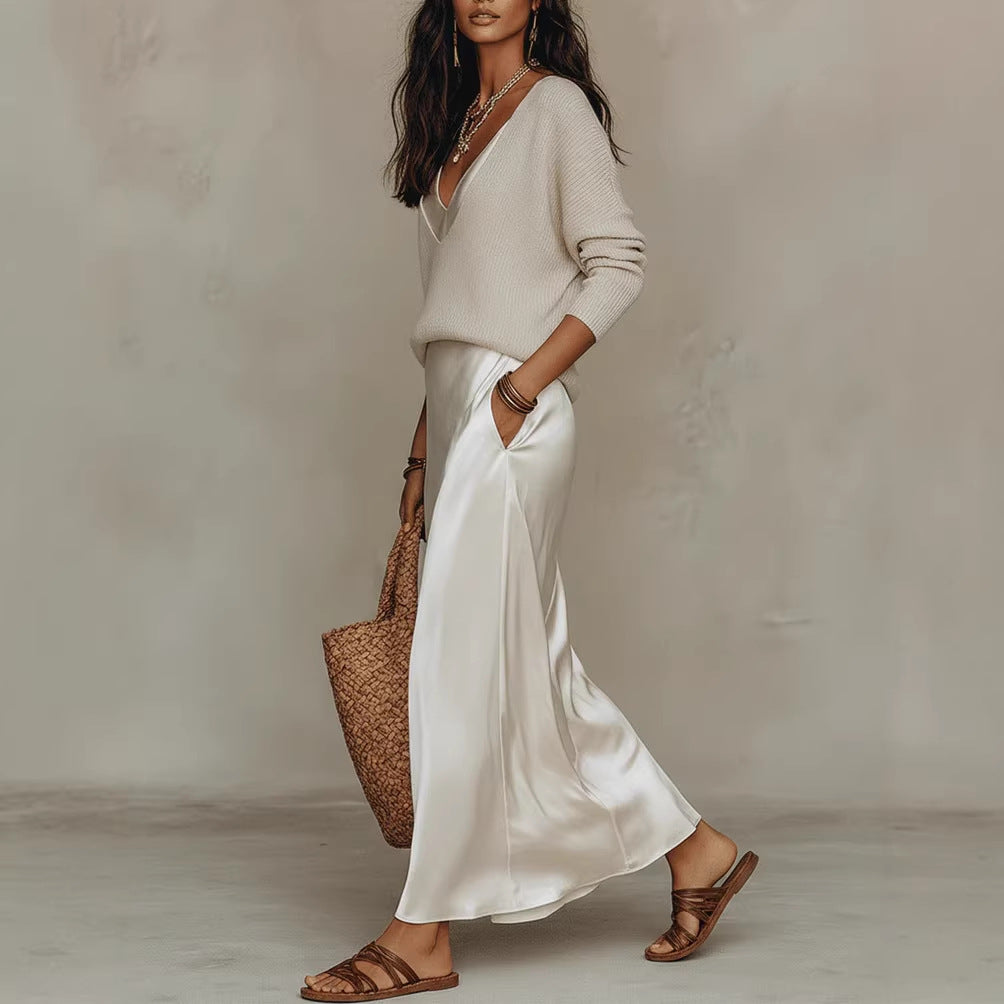 Elegant Commuter Two-Piece Set Top Satin Dress