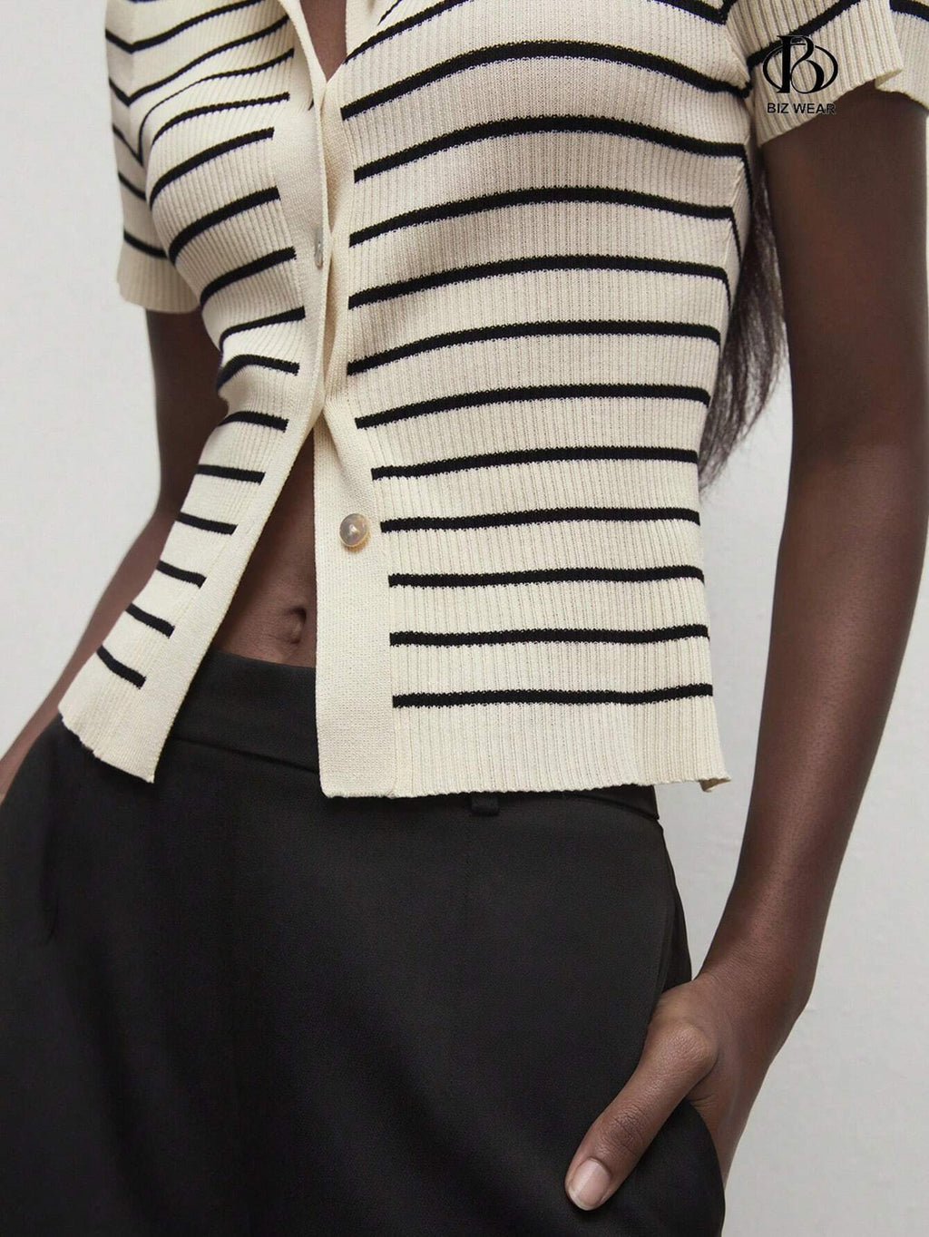French Striped Short Sleeved Western-style Knitted Fabric