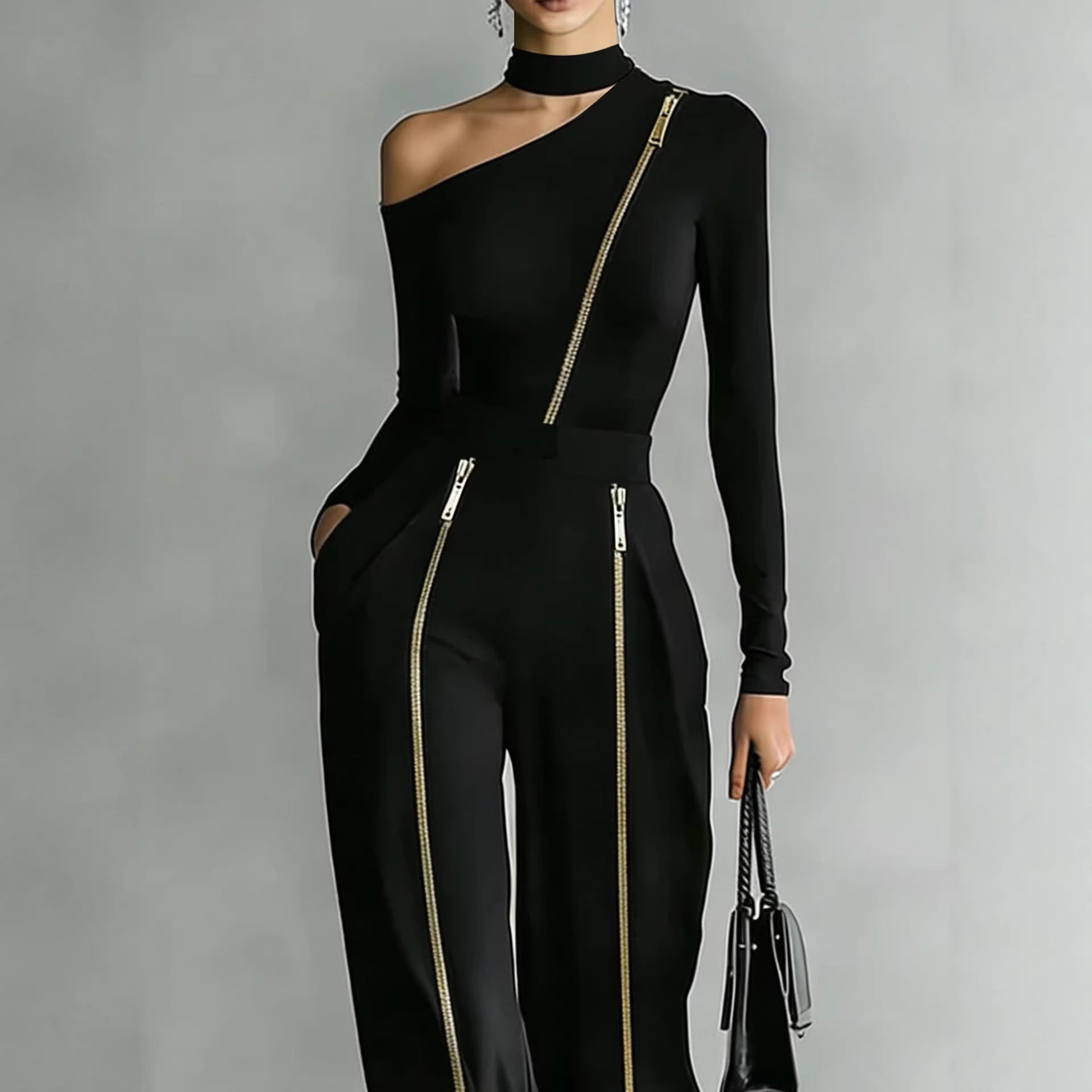 Crew-neck Long-sleeve Knit Two-way-zipper Wide-leg Pants Set