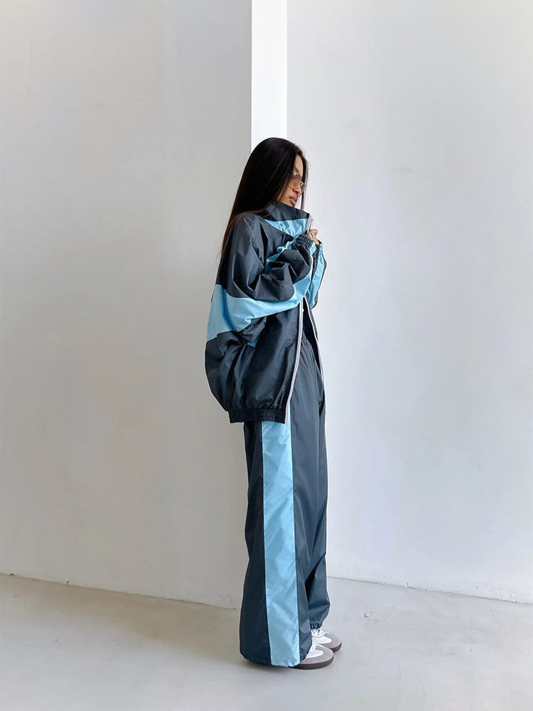 Casual Loose Color Matching Long Sleeve Zipper Cardigan Sports Suit
