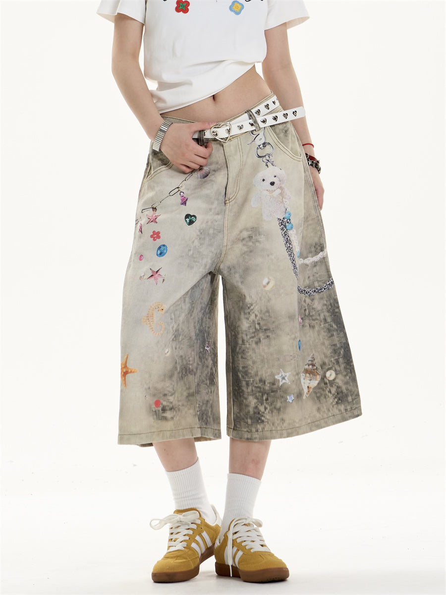 Creative Women's Straight Loose Printed Wide-leg Cropped Jeans