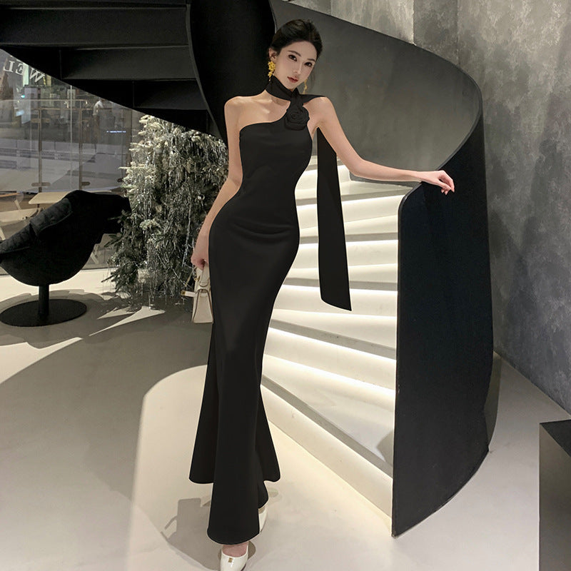 French Style Retro Elegant Sense Of Atmosphere Sloping Shoulder Dress Women