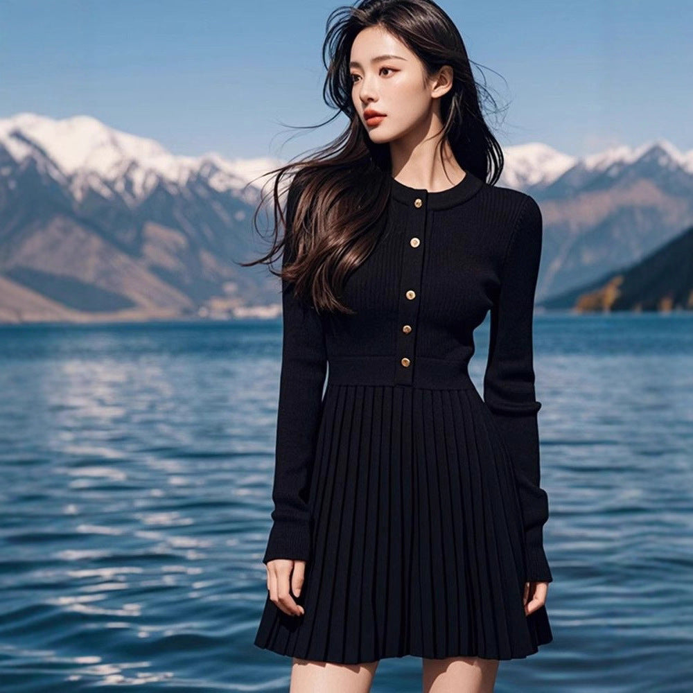 French Black Waist-cinching Knit Women's Dress