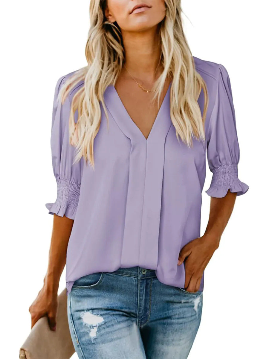 V-neck Short Sleeve Loose Comfortable Fashion Summer Solid Color Small Shirt European And American Style