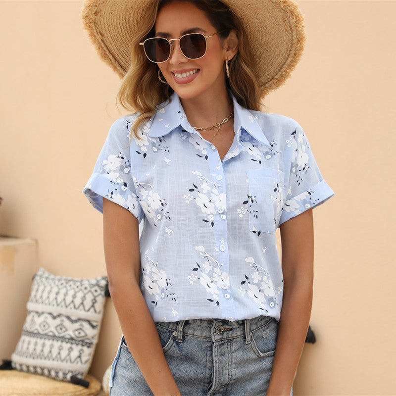 Summer New Printed Casual Loose Short Sleeved Linen Cotton Shirt For Women