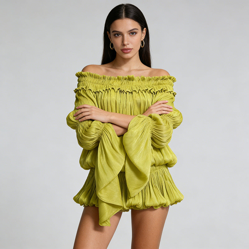 Elegant Off-the-shoulder Short Skirt With Fluttering Straps