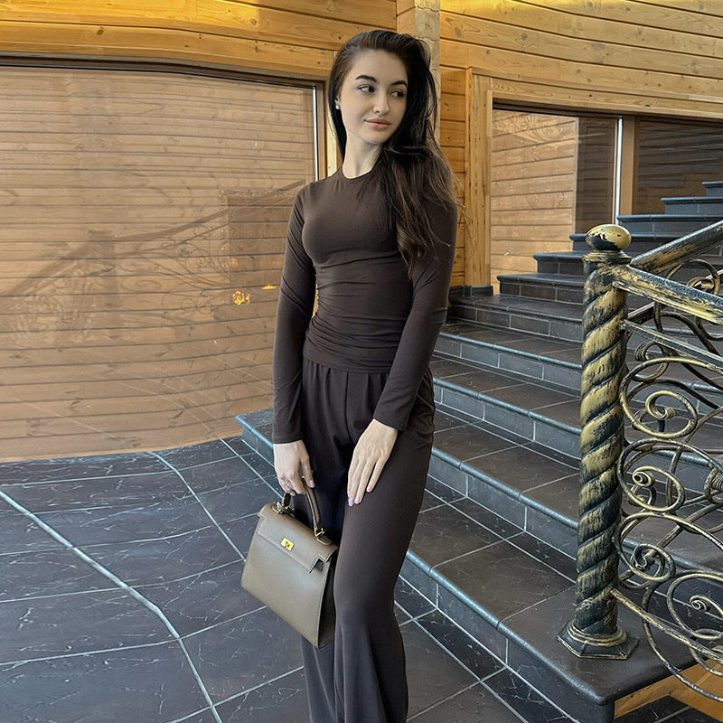 European And American Solid Color Long-sleeved Top Wide Leg Pants Suit Women