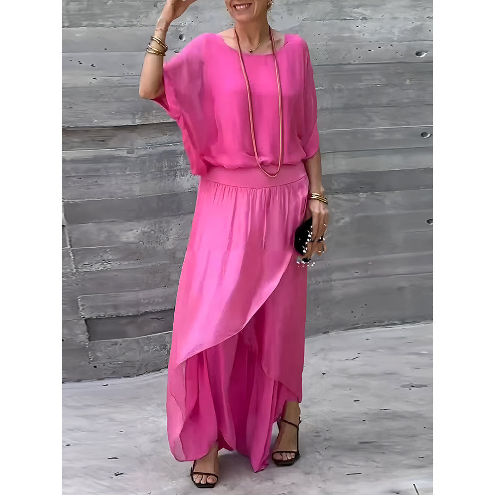 Top Split Wide Leg Pants Chiffon Casual Suit