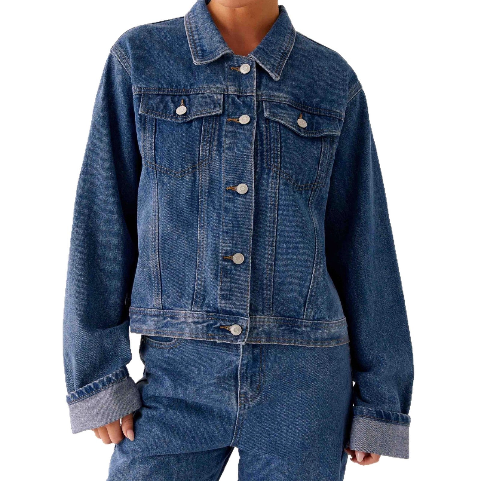 Casual Denim Jacket With A Turn-Down Collar And Long Sleeves