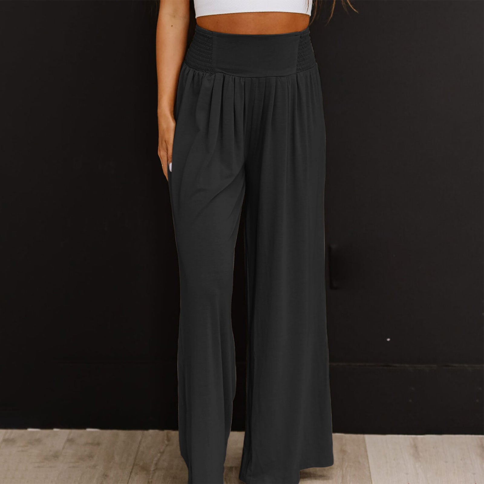 Women's Casual Cotton And Linen Smocking Distressed Mid-waist Trousers