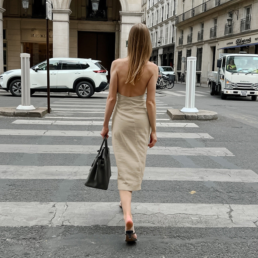 Khaki Cotton And Linen Slim-fit Waist-tight Dress