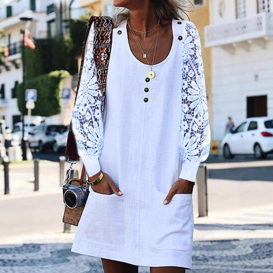 European And American Fashion Solid Color Hollow-out Long Sleeve U-neck Pocket Button Dress