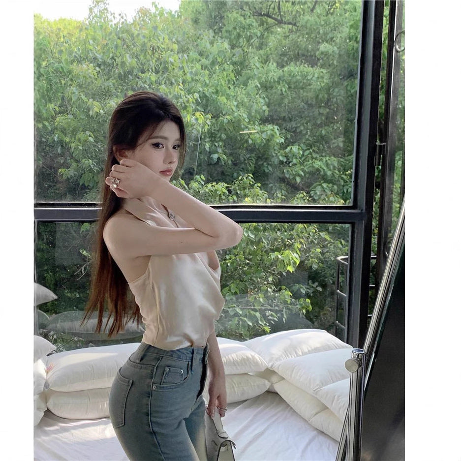 Womens Solid Color Minimalism Backless Satin Sleeveless Top